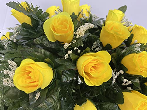 Silky Flower Store Yellow Rose Baby's Breath Cemetery Headstone Saddle Arrangement, Faux Memorial Flowers, Low Maintenance 3-4 Months 20.5cm 3 3 Product: Yellow Rose with Baby's Breath Flowers Cemetery Headstone Saddle Arrangement