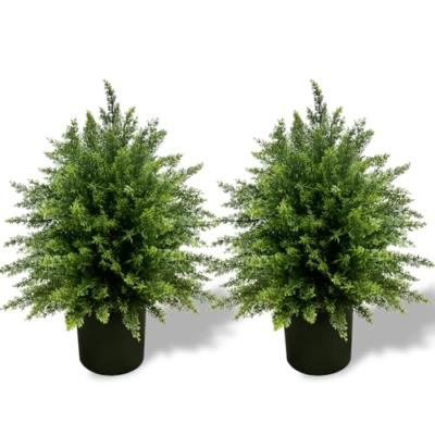 Product: WAYNHUI Artificial Cedar Topiary Ball Tree, 21.5” 2pack Faux Potted Plants Artificial Shrubs Bushes with Cement Pot, Fake Evergreen Artificial Topiary for Indoor Outdoor Home Front Porch Decor