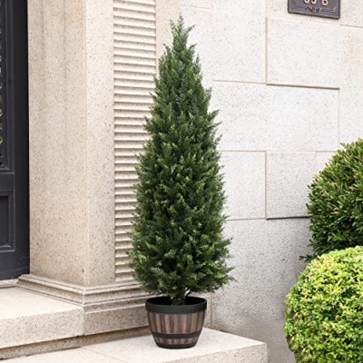 Product: 4ft(48”) Artificial Cedar Outdoor Artificial Shrub Sunlight Resistant Leafy Potted Plant for Indoor Porch of Home and Office Artificial Outdoor Tree 2 Pieces a Set Topiary Trees