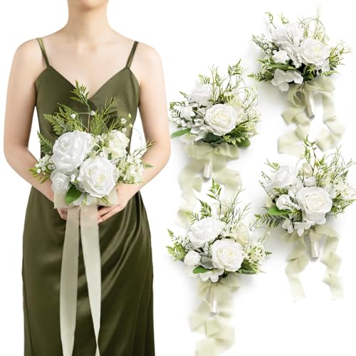 Ling's Moment Artificial Flowers Lily of Valley White Bridesmaid Bouquet Set of 4, Green Wedding Flowers Bouquets for Bridesmaids, 7 Inch Bridal Bouquets for Bridesmaids, Wedding, etc - Artificial Flower Arrangements Product: Ling's Moment Artificial Flowers Lily of Valley White Bridesmaid Bouquet Set of 4, Green Wedding Flowers Bouquets for Bridesmaids, 7 Inch Bridal Bouquets for Bridesmaids, Wedding, etc