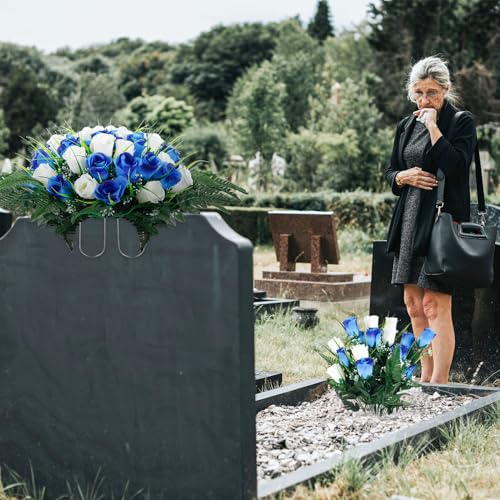 Product: XunYee 3 Pcs Artificial Cemetery Flower Set Cemetery Flowers Saddle Flowers Rose Bouquets with Vase 1 Saddle and 2 Memorial Bouquets for Outdoor Headstone Decor Grave(Blue, White)