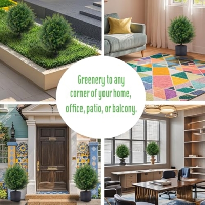 Product: ECOLVANT Two 21''T Artificial Topiary Ball Trees Faux Bushes UV Resistant Artificial Shrubs Potted Fake Cedar Trees for Outdoor Indoor Front Porch Garden