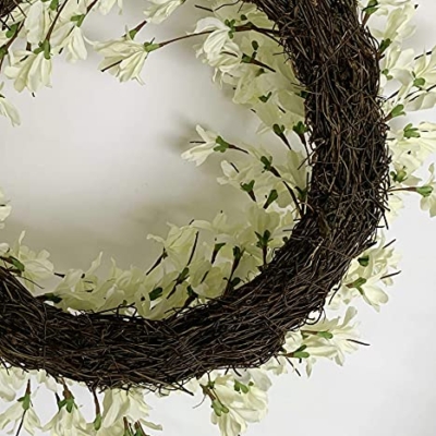 Silky Flower Store 24 Inch Forsythia Wreath, White Cream Artificial Spring Summer Front Door Decor, 24 Inch 8 8 Product: Summer Wreath for Front Door, 24 Inch White Cream Forsythia Summer Spring Wreath Blossom Cluster Flower Farmhouse on Grapevine for Christmas Festival Celebration Front Door Wall Window Hanging Décor