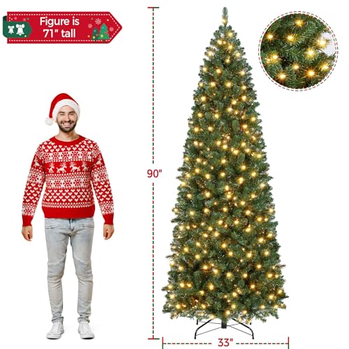 Silky Flower Store 7.5ft Pre-lit Kingswood Fir Pencil Artificial Christmas Tree, 350 Warm White Lights, Foldable Stand, Green, 7.5ft 3 3 Product: Yaheetech 7.5ft Pre-lit Kingswood Fir Pencil Artificial Hinged Christmas Tree Skinny Corner Xmas Tree with 350 Incandescent Warm White Lights Prelighted Xmas Tree with Foldable Stand, Green