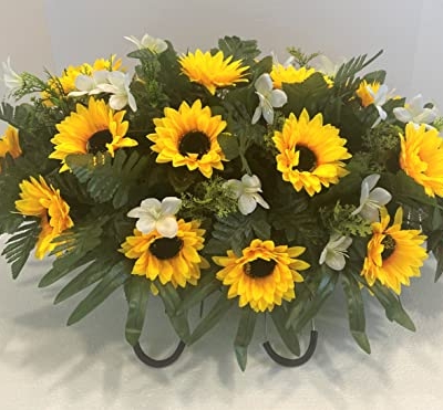 Product: Cemetery Headstone Saddle Arrangement with Yellow Sunflowers and White Daisies-Grave Decoration