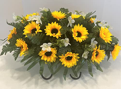 Product: Cemetery Headstone Saddle Arrangement with Yellow Sunflowers and White Daisies-Grave Decoration