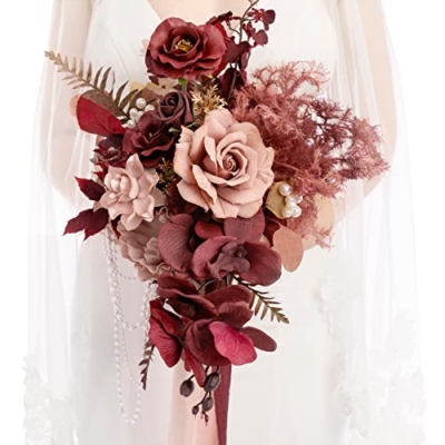 Product: Ling's Moment Red Bridal Bouquet Cascading, Burgundy Wedding Bouquets for Bride, 13 Inch Bride Bouquets for Wedding Artificial Flowers Bouquets