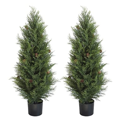 Product: UV Resistant 3ft Artificial Cedar Topiary Trees Faux Cedar Bush with Pine Cone Indoor&Outdoor use for Garden Decor(Set of 2)