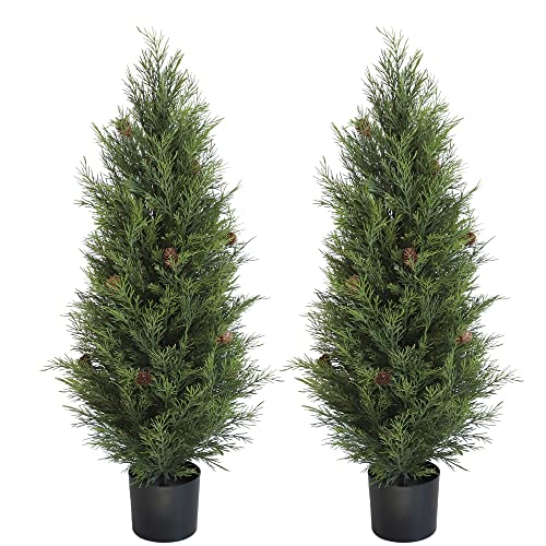 Product: UV Resistant 3ft Artificial Cedar Topiary Trees Faux Cedar Bush with Pine Cone Indoor&Outdoor use for Garden Decor(Set of 2)