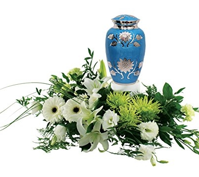 Product: Divinityurns Embossed Sunflower Blue Cremation Urn - Solid Brass Florentine Blue Urn - Handcrafted Adult Funeral Urn for Human Ashes - Affordable Large Urn