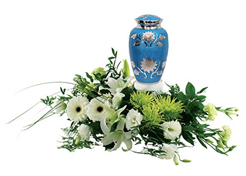 Product: Divinityurns Embossed Sunflower Blue Cremation Urn - Solid Brass Florentine Blue Urn - Handcrafted Adult Funeral Urn for Human Ashes - Affordable Large Urn