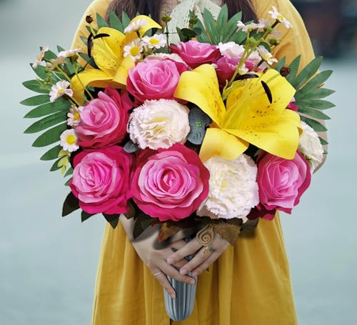 Product: AILVEMEE 3 PCS Artificial Cemetery Flowers Set with Vase - Pink Rose, Lily & Carnation Headstone Flower Saddle for Graves