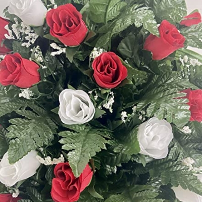 Product: Cemetery Saddle Headstone Decoration with Red and White Roses for Mother's Day, Father's Day, Memorial Day, and Labor Day