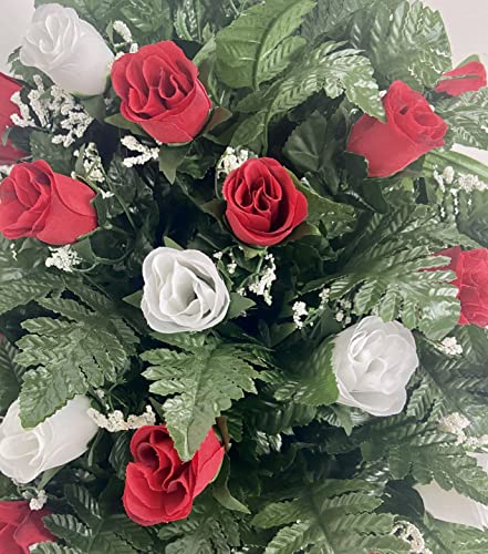 Product: Cemetery Saddle Headstone Decoration with Red and White Roses for Mother's Day, Father's Day, Memorial Day, and Labor Day