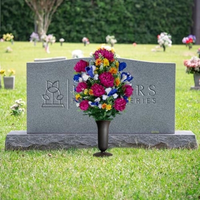 Product: Sympathy Silks Fuchsia Mums & Blue Iris Cemetery Flowers Bouquet with Vase - Artificial Gravesite Decor
