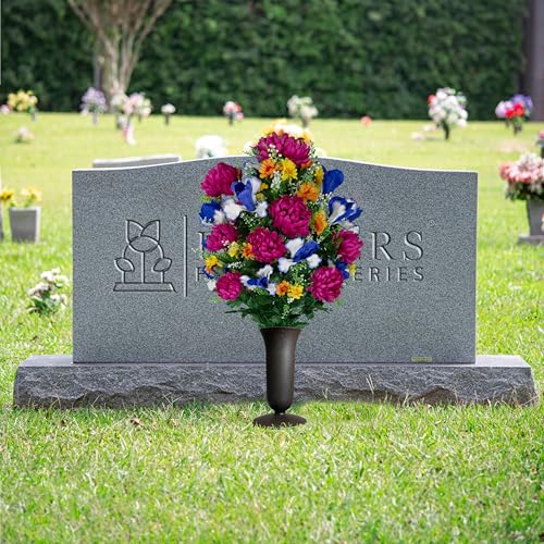 Product: Sympathy Silks Fuchsia Mums & Blue Iris Cemetery Flowers Bouquet with Vase - Artificial Gravesite Decor