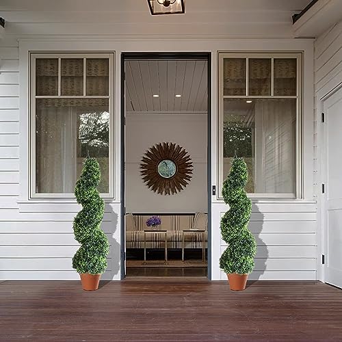 Product: momoplant Outdoor Artificial Topiary Boxwood Spiral Trees, 3.6ft Fake Topiary Tree (2 Pieces) Faux Shrubs Topiaries Tree Outdoor Feaux Plant for Decorative Indoor/Outdoor/Garden (43inch)