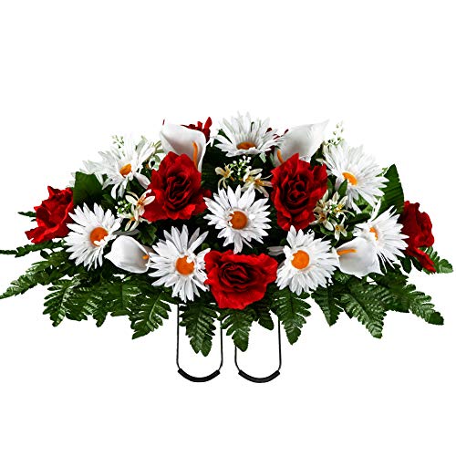 Product: Sympathy Silks Artificial Cemetery Flowers - Realistic - Outdoor Grave Decorations - Non-Bleed Colors, and Easy Fit -White Calla Lily & Daisy with Red Rose Saddle for Headstone