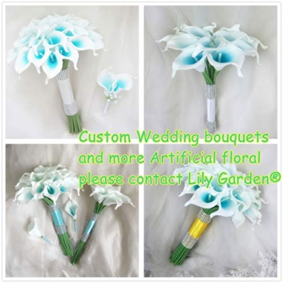 Silky Flower Store Calla Lily Bridal Wedding Bouquet Groom Boutonniere Turquoise Teal Aqua Picasso, White Ribbon Bling, 12in 11 11 Product: Lily Garden Luxury Calla Lily Bridal Wedding Bouquet 3 Dozen with Groom Boutonniere (Turquoise Picasso)