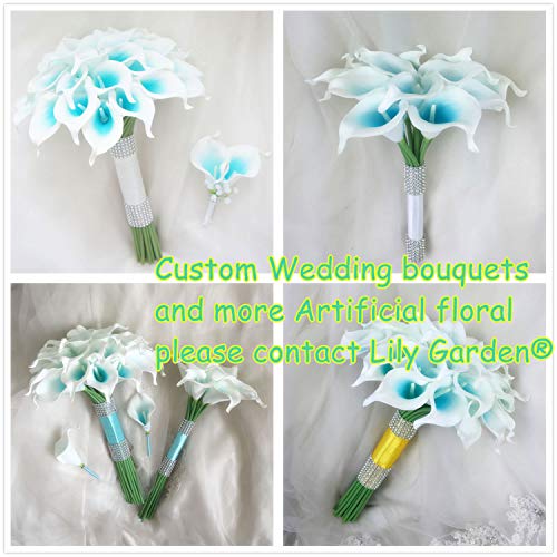 Silky Flower Store Calla Lily Bridal Wedding Bouquet Groom Boutonniere Turquoise Teal Aqua Picasso, White Ribbon Bling, 12in 5 5 Product: Lily Garden Luxury Calla Lily Bridal Wedding Bouquet 3 Dozen with Groom Boutonniere (Turquoise Picasso)