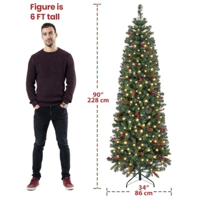 Silky Flower Store Pre Lit Slim Pencil Spruce Christmas Tree, Warm White Lights, Pine Cones, Metal Base, 7.5ft 11 11 Product: Yaheetech 7.5ft Pre-lit Pencil Spruce Christmas Tree, Artificial Slim Xmas Fir, Pre-Decorated for Home, Office, Party, Holiday Decor W/ 948 Tips, 350 Lights, Pine Cones, Metal Hinges & Base, Green