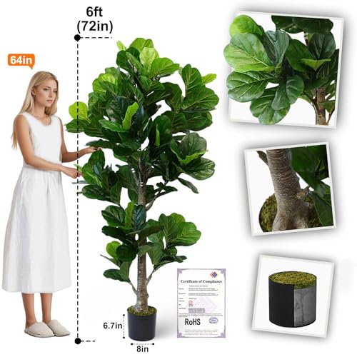 Product: Aveyas 6ft Artificial Fiddle Leaf Fig Tree for Home Decor, 6 Feet Large Faux Plant Fake Ficus lyrata Silk Trees with Pot for Indoor Outdoor House Living Room Office (6 ft Tall)