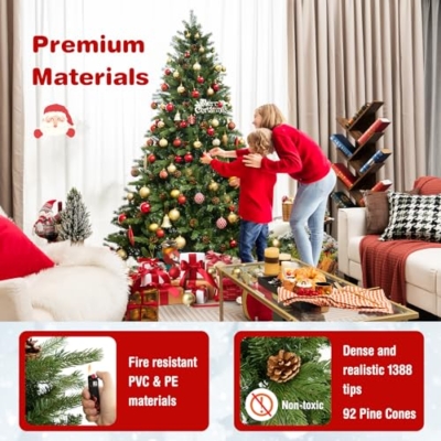 Product: GOFLAME 7FT Pre-Lit Christmas Tree - Quick Shape Artificial Xmas Tree with 700 LED Lights, Remote, Timer & Pine Cones for Holiday Home Office Decor