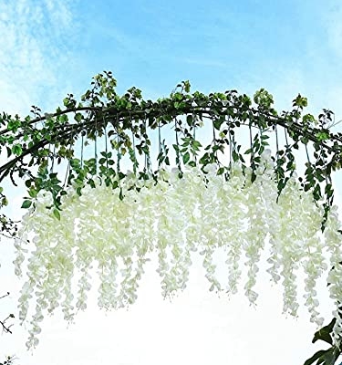 Silky Flower Store White Artificial Wisteria Garland, Silk Hanging Flower Vine, 24 Pack, 3.6ft 10 10 Product: UNIQU 24 Pack 3.6 Feet/Piece White Artificial Flowers Fake Wisteria Garland Hanging Wisteria Silk Flowers for Home Garden Weddings Party Decor