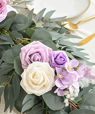 Silky Flower Store Artificial Eucalyptus Garland with Flowers, Lilac Lavender Floral Table Runner, 6ft 13.75in wide 3.5in high 9 9 Product: Floroom 6ft Artificial Eucalyptus Garland with Flowers Fake Greenery Faux Floral Vine Garland for Table Decor Wedding Centerpieces Bridal Shower Party Decorations, Lilac & Lavender