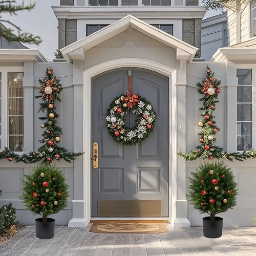 Product: Artificial Cedar Topiary Ball Tree Two 22''T Artificial Shrub Plants UV Resistant Potted Bushes for Front Porch Home Garden Indoor Outdoor