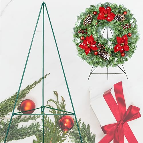 Silky Flower Store Artificial Christmas Wreath, Frosted Red Poinsettia Red Ornaments, Outdoor Indoor Décor, 24 Inch, 30 Inch Easel 8 8 Product: Christmas Wreath - Outdoor Christmas Decoration - 24 inch Wreath with Frosted Red Poinsettia and Red Ornaments on 30 Inch Easel