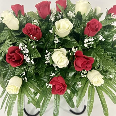 Product: Cemetery Headstone Saddle Flower Arrangement in Red and Cream Roses-Grave Marker Decoration, Sympathy Flowers