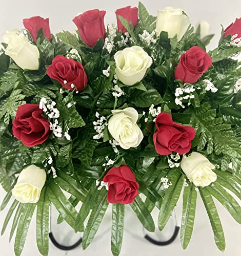 Product: Cemetery Headstone Saddle Flower Arrangement in Red and Cream Roses-Grave Marker Decoration, Sympathy Flowers