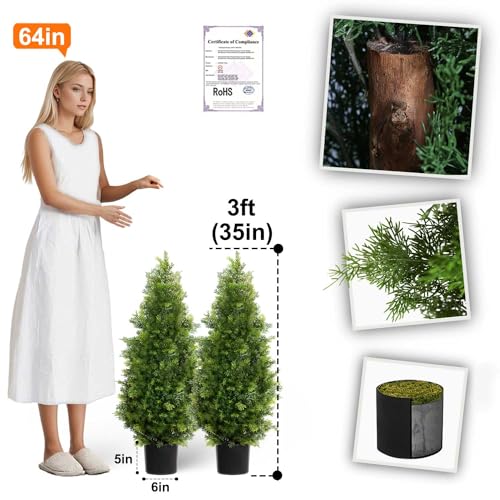 Product: Aveyas 3ft Artificial Cedar Topiary Trees for Outdoor Front Porch Door, 3 Feet Faux Potted Plants Evergreen Fake Pine Cypress Tree for Outside Home Decor (3 ft Tall) - Set of 2 Pack