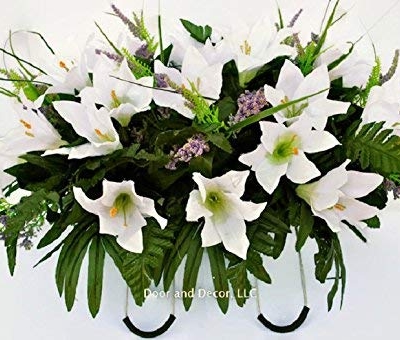 Silky Flower Store Cemetery Spring Flowers White Lilly Mix Headstone Saddle, Sympathy Grave Decor, Artificial Floral Arrangement 20.5cm 7 7 Product: Cemetery Spring Flowers ~Spring white lilly mix~headstone saddle arrangement~cemetery flower service~grave site decor~sympathy flowers~flowers for graves~Lillies and wildflowers