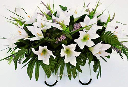 Silky Flower Store Cemetery Spring Flowers White Lilly Mix Headstone Saddle, Sympathy Grave Decor, Artificial Floral Arrangement 20.5cm 2 2 Product: Cemetery Spring Flowers ~Spring white lilly mix~headstone saddle arrangement~cemetery flower service~grave site decor~sympathy flowers~flowers for graves~Lillies and wildflowers