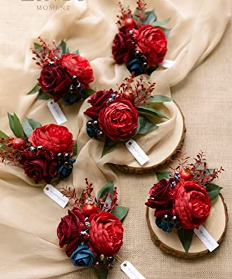 Product: Ling's Moment 6pcs Wedding Wrist Corsage Artificial Flowers, Girl/Mother Homecoming Prom Corsages Wristlet Décor, etc. Burgundy and Navy Blue