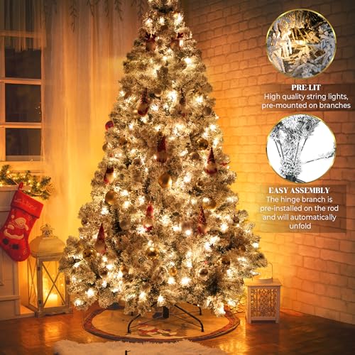 Product: 7.5FT Prelit Christmas Tree with Lights, Snow Flocked Artificial Christmas Tree with 420 Warm White LED Lights, 1160 Branch Tips, Indoor Fake Xmas Tree for Home, Office, Party Decoration