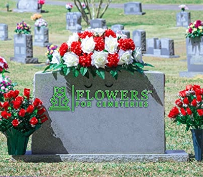 Product: Sympathy Silks Artificial Cemetery Flowers - Realistic - Outdoor Grave Decorations - Non-Bleed Colors, and Easy Fit - Cream Open Rose with Red Mum Saddle for Headstone