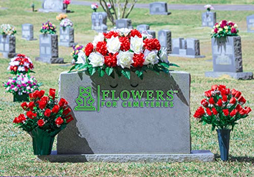 Product: Sympathy Silks Artificial Cemetery Flowers - Realistic - Outdoor Grave Decorations - Non-Bleed Colors, and Easy Fit - Cream Open Rose with Red Mum Saddle for Headstone