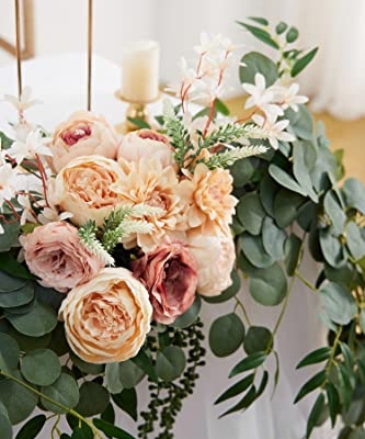 Silky Flower Store Artificial Eucalyptus Willow Leaf Garland with Flowers, Peony Rose Vine Wall Hanging, 8ft 15 15 Product: MISSPIN 8FT Eucalyptus and Willow Leaf Garland with Artificial Flowers Fake Flower Peony Rose Vine Greenery Decorative Wall Hanging Plant for Spring Wedding Arch Door Arrangement Party Decor