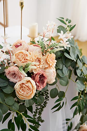 Silky Flower Store Artificial Eucalyptus Willow Leaf Garland with Flowers, Peony Rose Vine Wall Hanging, 8ft 7 7 Product: MISSPIN 8FT Eucalyptus and Willow Leaf Garland with Artificial Flowers Fake Flower Peony Rose Vine Greenery Decorative Wall Hanging Plant for Spring Wedding Arch Door Arrangement Party Decor