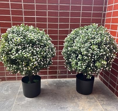 Product: Artificial Boxwood Topiary Ball Tree Outdoor Porch Trees Set of 2 22'' T * 15'' D, Faux Boxwood Plants Outdoor Home Garden Christmas Decorations for Home Porch (White)