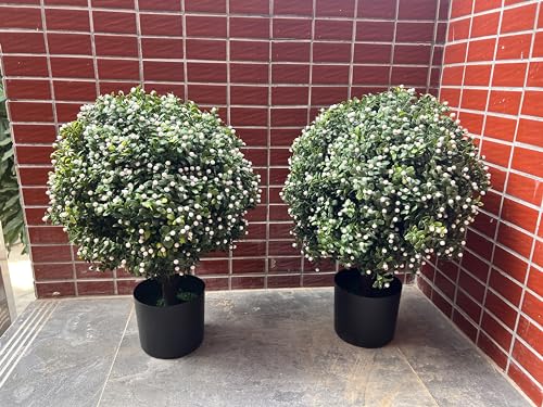 Product: Artificial Boxwood Topiary Ball Tree Outdoor Porch Trees Set of 2 22'' T * 15'' D, Faux Boxwood Plants Outdoor Home Garden Christmas Decorations for Home Porch (White)