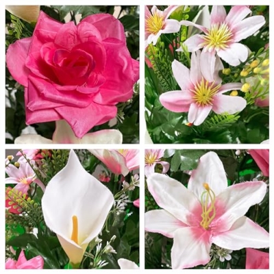 Silky Flower Store Cemetery Flowers Bouquet Pink Roses White Lily Calla Lilies, Artificial Grave Flowers, 36 Flowers, 20.5cm 15 15 Product: Pink Roses, White Lily & Calla Lilies - 36 Flowers in Bouquet - Sympathy Silks Flowers For Cemeteries - Cemetery Flowers for Grave - Mothers Day Spring Summer Arrangement