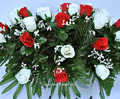 Product: Cemetery Saddle Headstone Decoration with Red and White Roses for Mother's Day, Father's Day, Memorial Day, and Labor Day