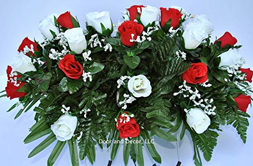 Product: Cemetery Saddle Headstone Decoration with Red and White Roses for Mother's Day, Father's Day, Memorial Day, and Labor Day