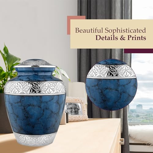 Product: Trupoint Memorials Cremation Urns for Human Ashes, Decorative Burial Urn for Adult Men and Women, Large Dark Blue with Silver Lining