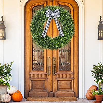 Silky Flower Store Artificial Boxwood Wreath, Faux Round Boxwood Wreath with Plaid Bow, UV Resistant Indoor Outdoor Decor, 32in 11 11 Product: Vlorart 32" Faux Round Boxwood Wreath, Artificial Large Boxwood Wreath Front Door Wreaths Artificial Spring Summer Greenery Hanging with A Plaid Bow for Villa Wall Hanging Window Wedding Party Decor