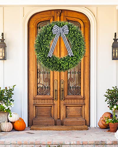 Silky Flower Store Artificial Boxwood Wreath, Faux Round Boxwood Wreath with Plaid Bow, UV Resistant Indoor Outdoor Decor, 32in 4 4 Product: Vlorart 32" Faux Round Boxwood Wreath, Artificial Large Boxwood Wreath Front Door Wreaths Artificial Spring Summer Greenery Hanging with A Plaid Bow for Villa Wall Hanging Window Wedding Party Decor